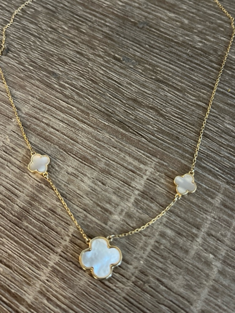 Gold Necklace with 3 White Mother-of-Pearl Clover Accents